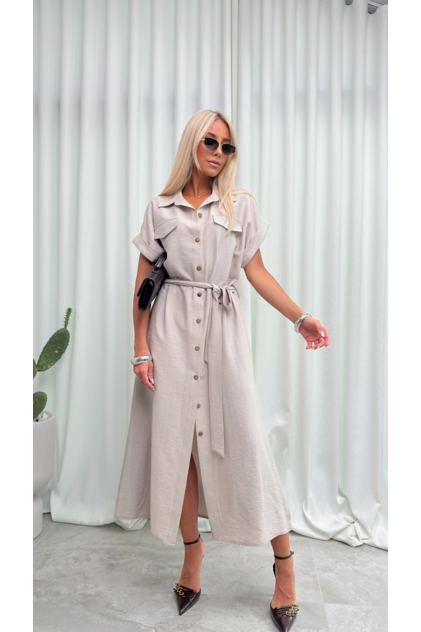 Sukienka Koszulowa Maxi Premium Wiązana w Pasie Elegancka Oversize Guziki Kieszenie - beż